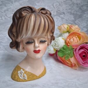 Vintage Lady Head Vase Inarco Planter Holder Blonde With Yellow Dress